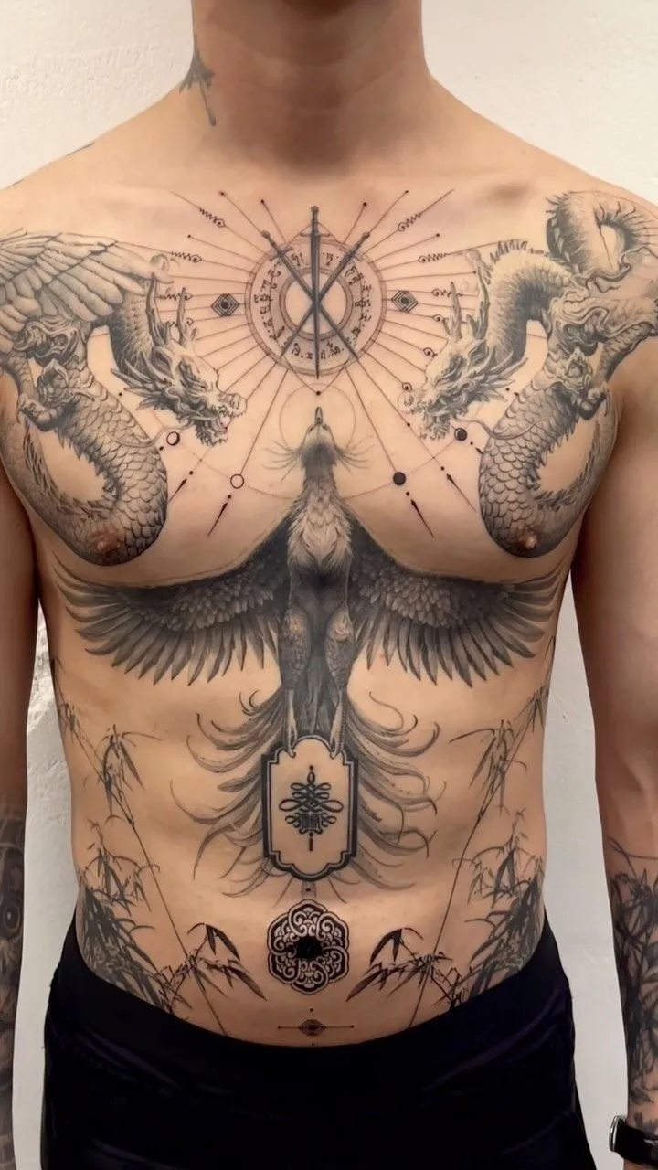 A full chest piece radiates profound confidence and serves as a powerful, armor-like canvas for those ready to go big.