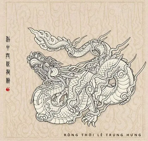 Tattoo design of Vietnamese dragon from Trung Hung period, showcasing decorative, baroque-style elements in traditional art