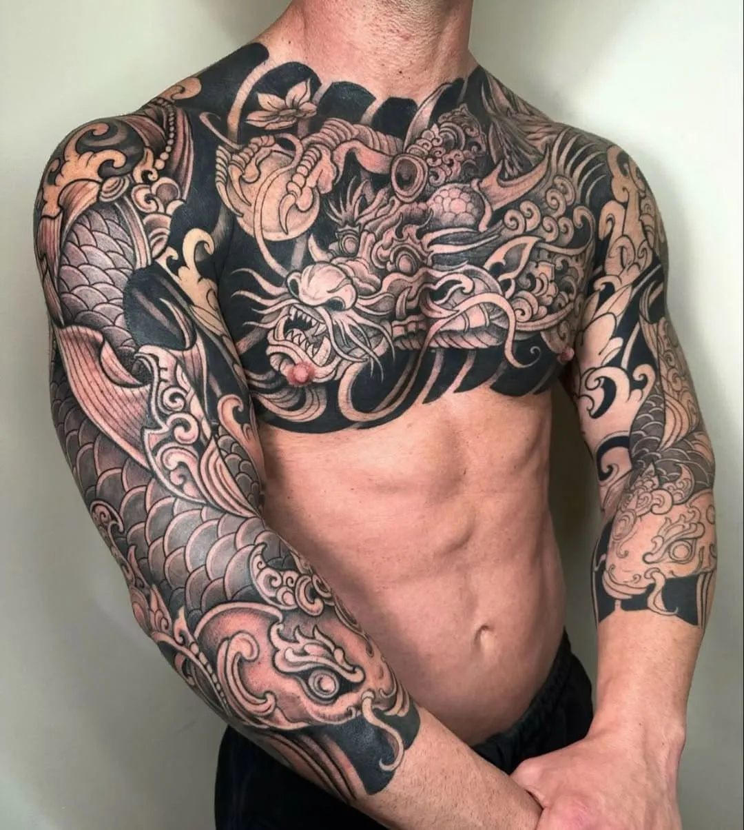 Black and white traditional Japanese chest tattoo