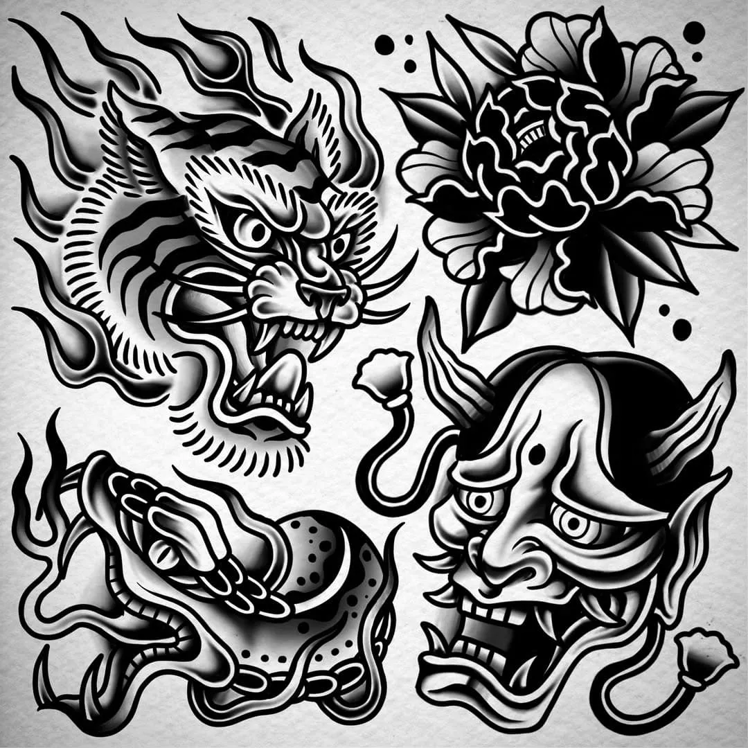Black and white traditional Japanese tattoo designs
