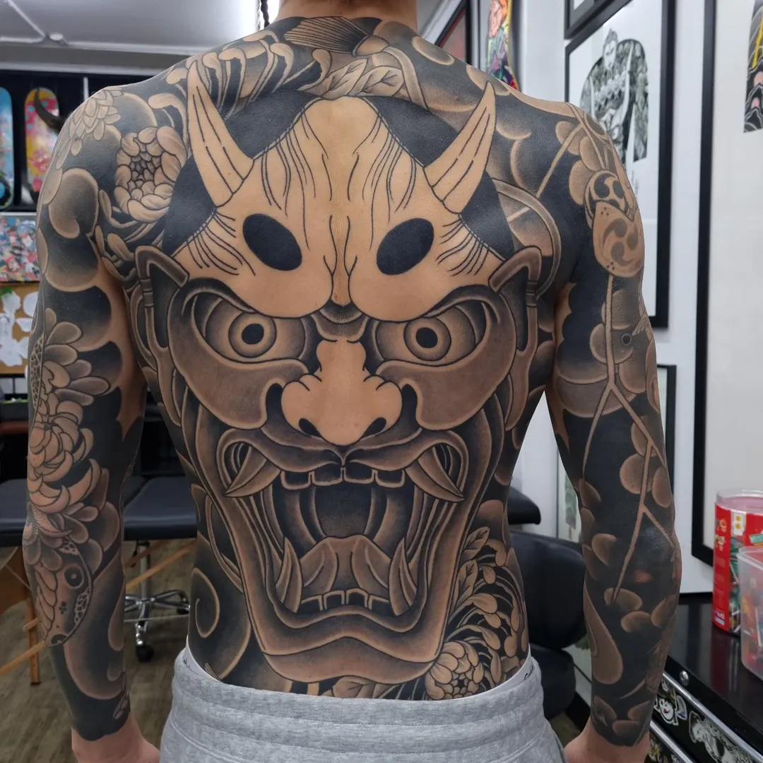 Hannya Mask black and white traditional Japanese tattoo