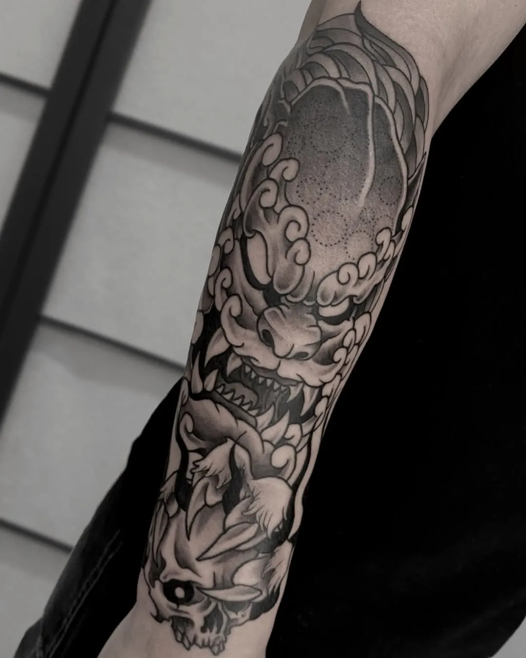 Traditional Japanese Fu Dog tattoo black and white