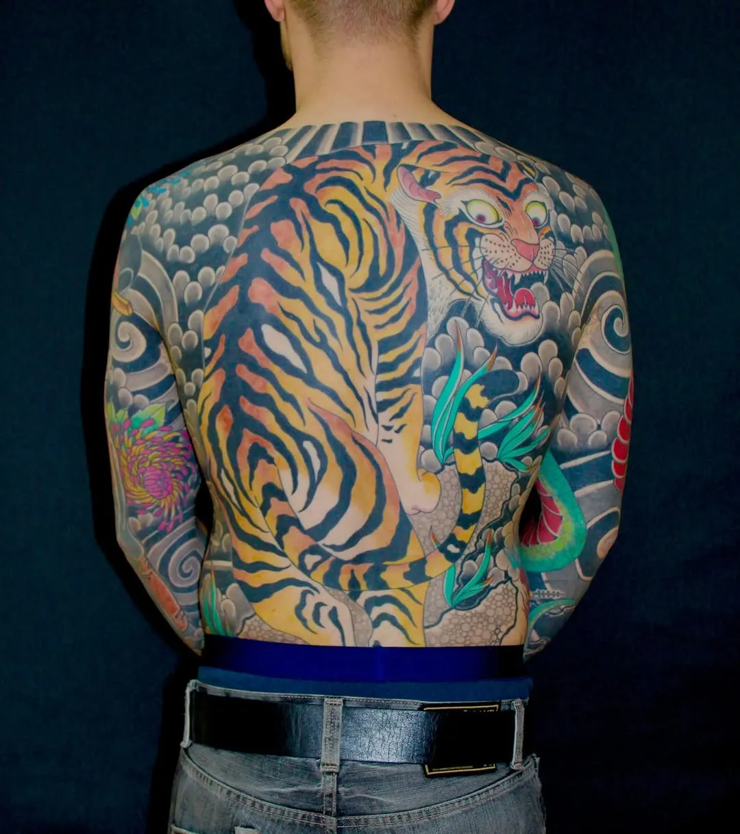 Full back traditional Japanese tattoo with tiger