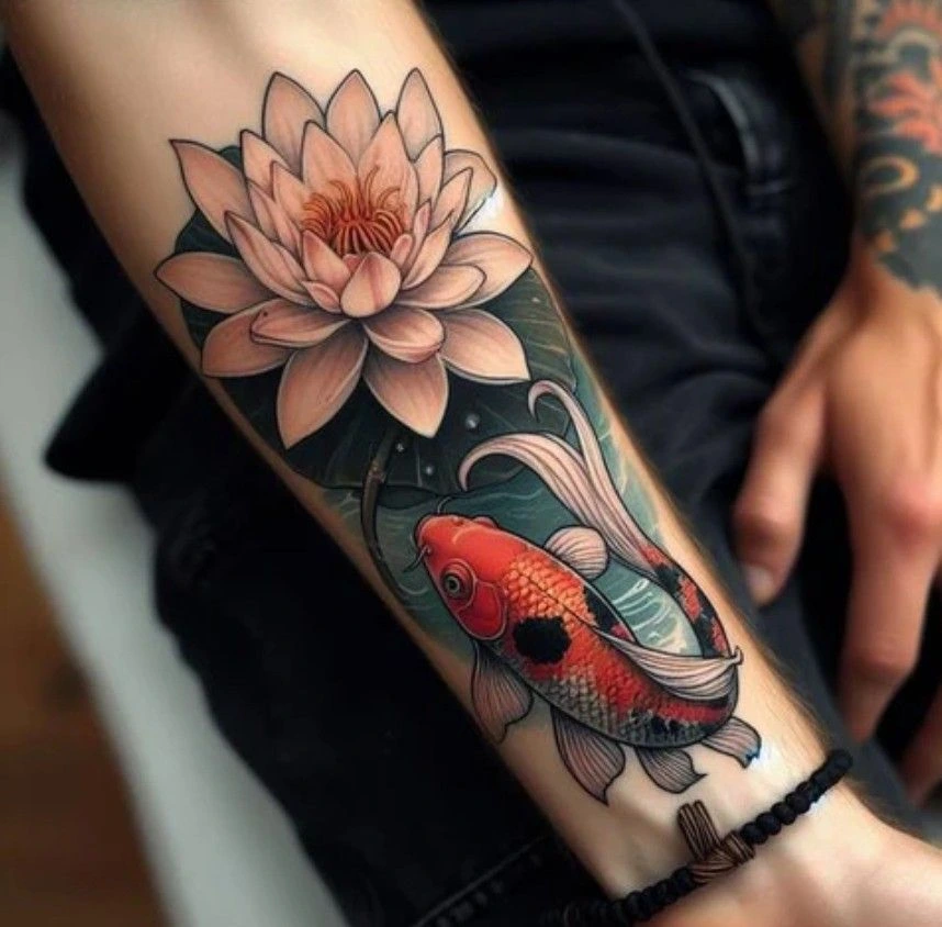 Koi fish tattoo upstream on arm