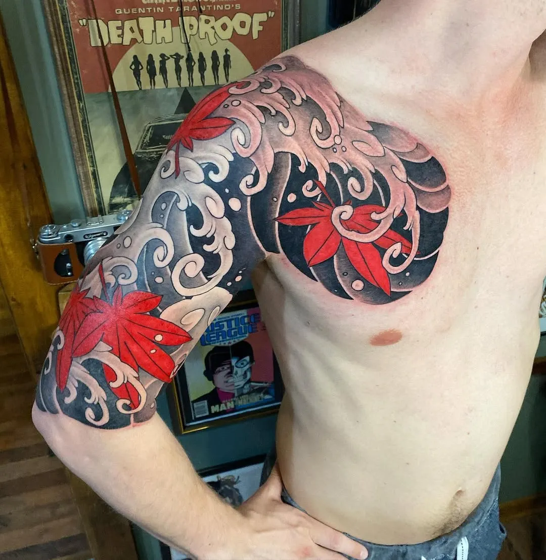 Maple Leaves Traditional Japanese Bicep Tattoo