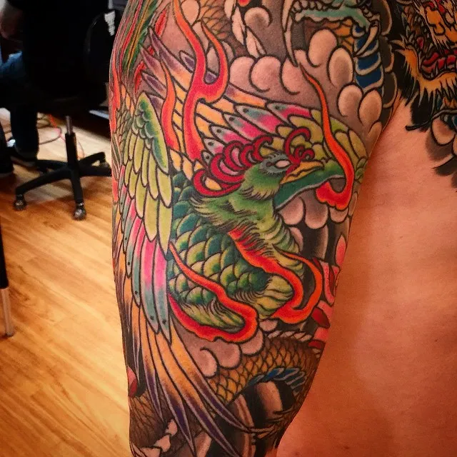 Traditional Japanese Bicep Tattoo of phoenix beauty