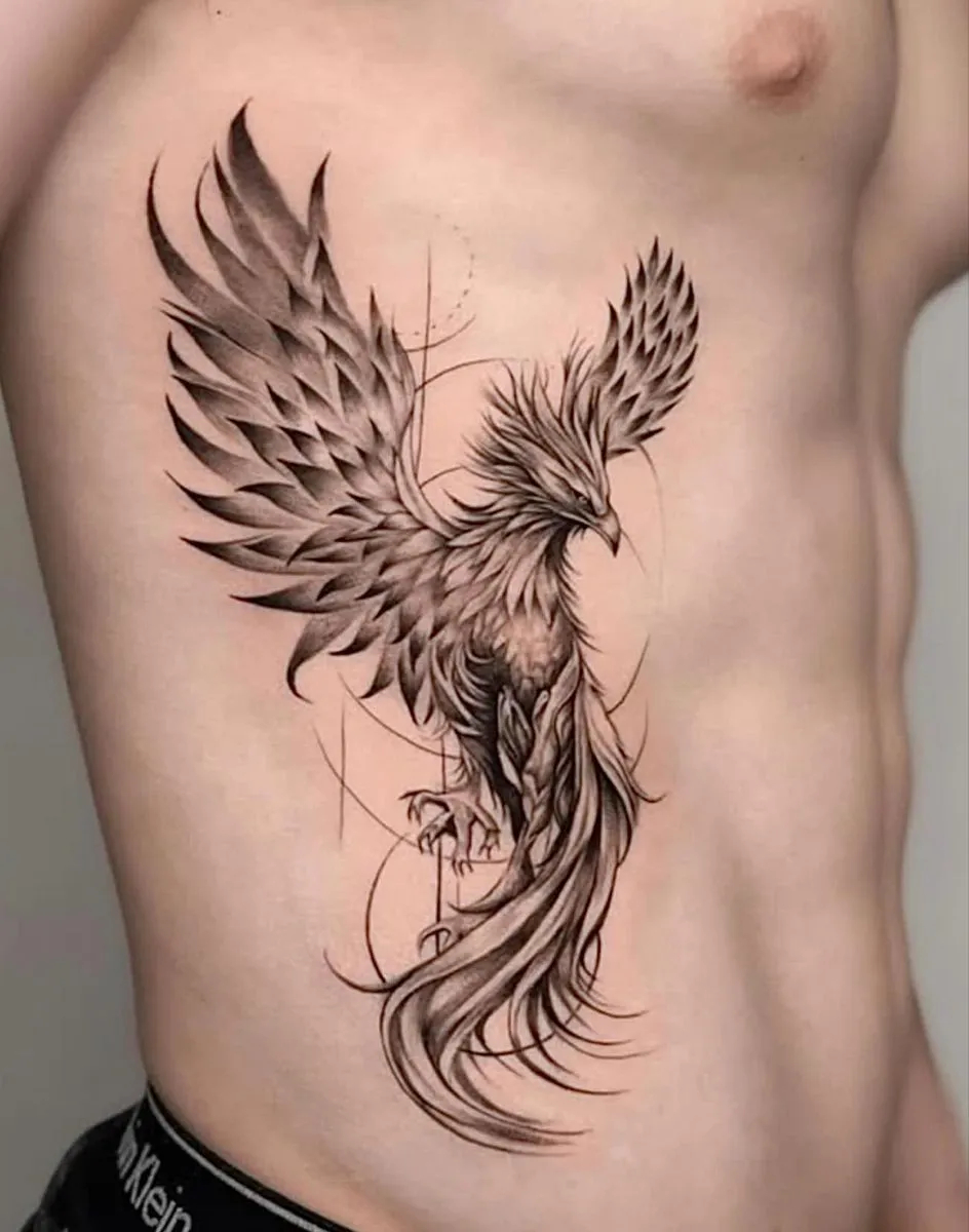 A bold dragon motif curves along the ribs, using the anatomy to enhance its sense of power and motion.