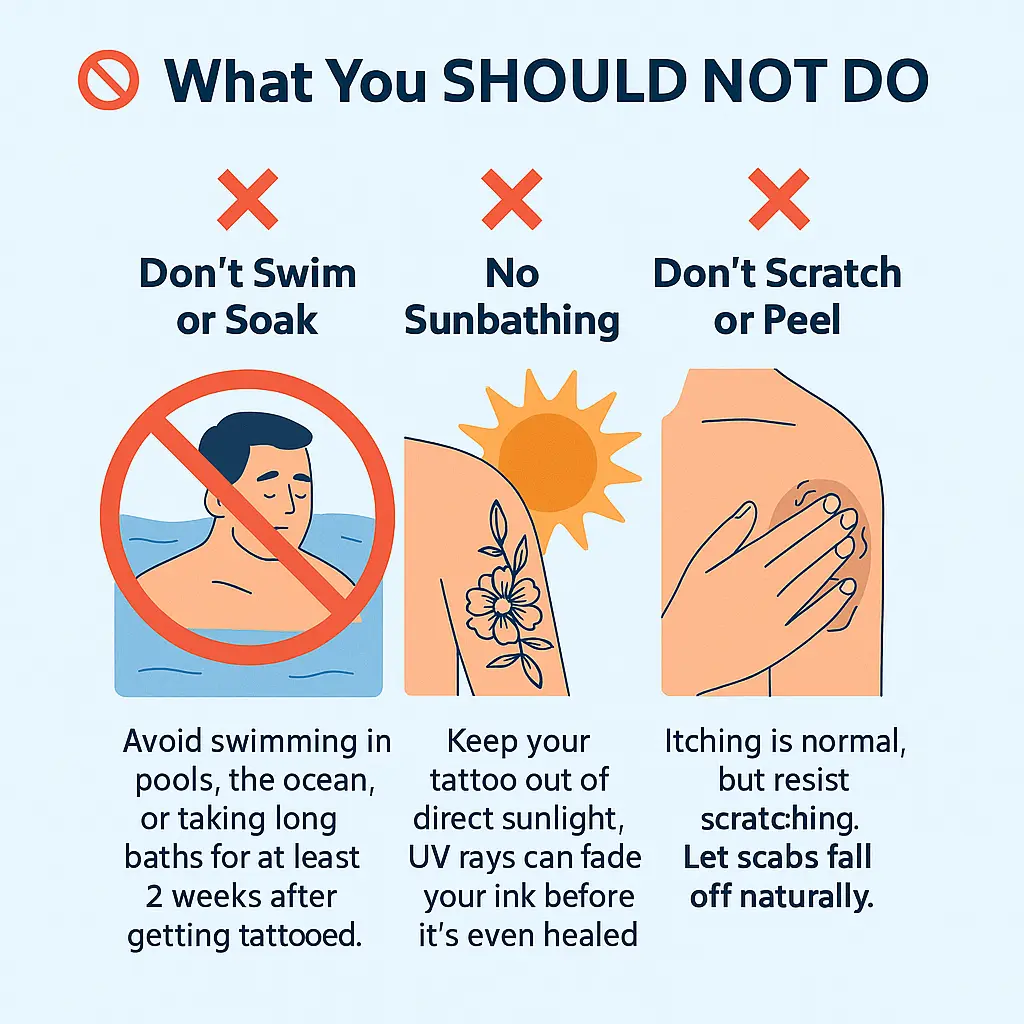 Tattoo aftercare infographic outlining what to avoid after getting a tattoo: no swimming, no sun exposure, and no scratching or peeling the tattooed area.