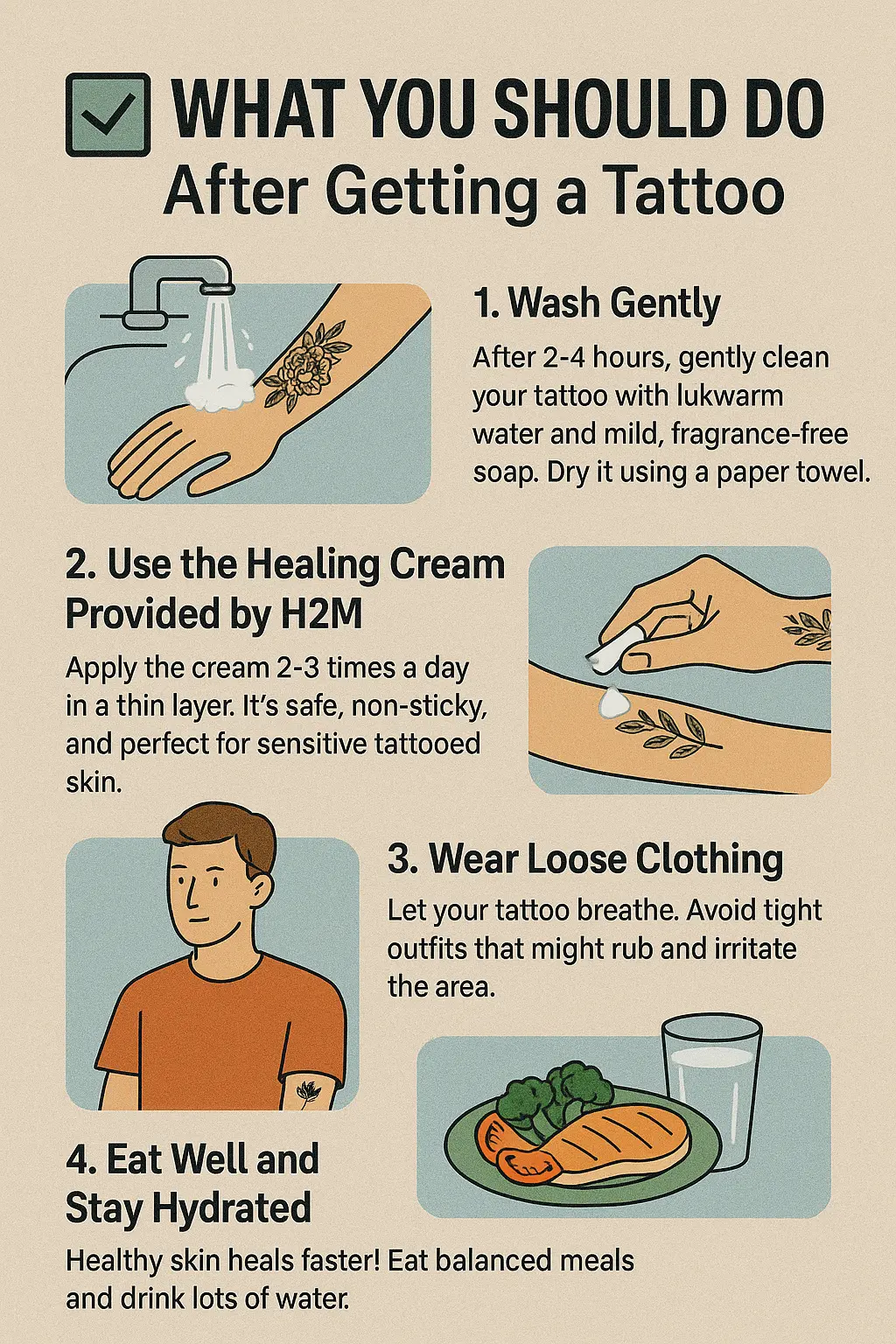 attoo aftercare infographic outlining what to avoid after getting a tattoo: no swimming, no sun exposure, and no scratching or peeling the tattooed area.