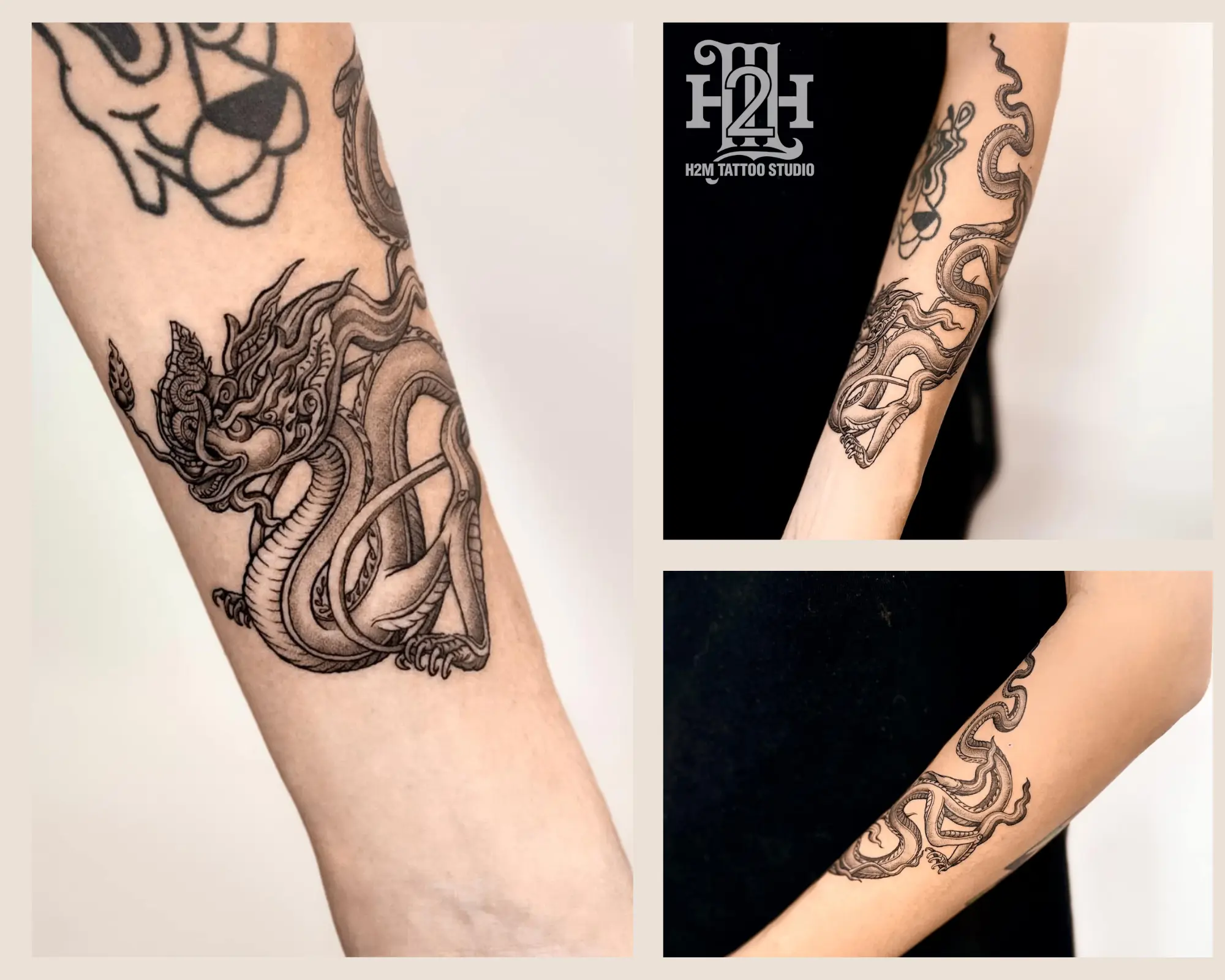Vietnamese dragon sleeve tattoo on forearm with flowing lines and cloud motifs, in Asian traditional style