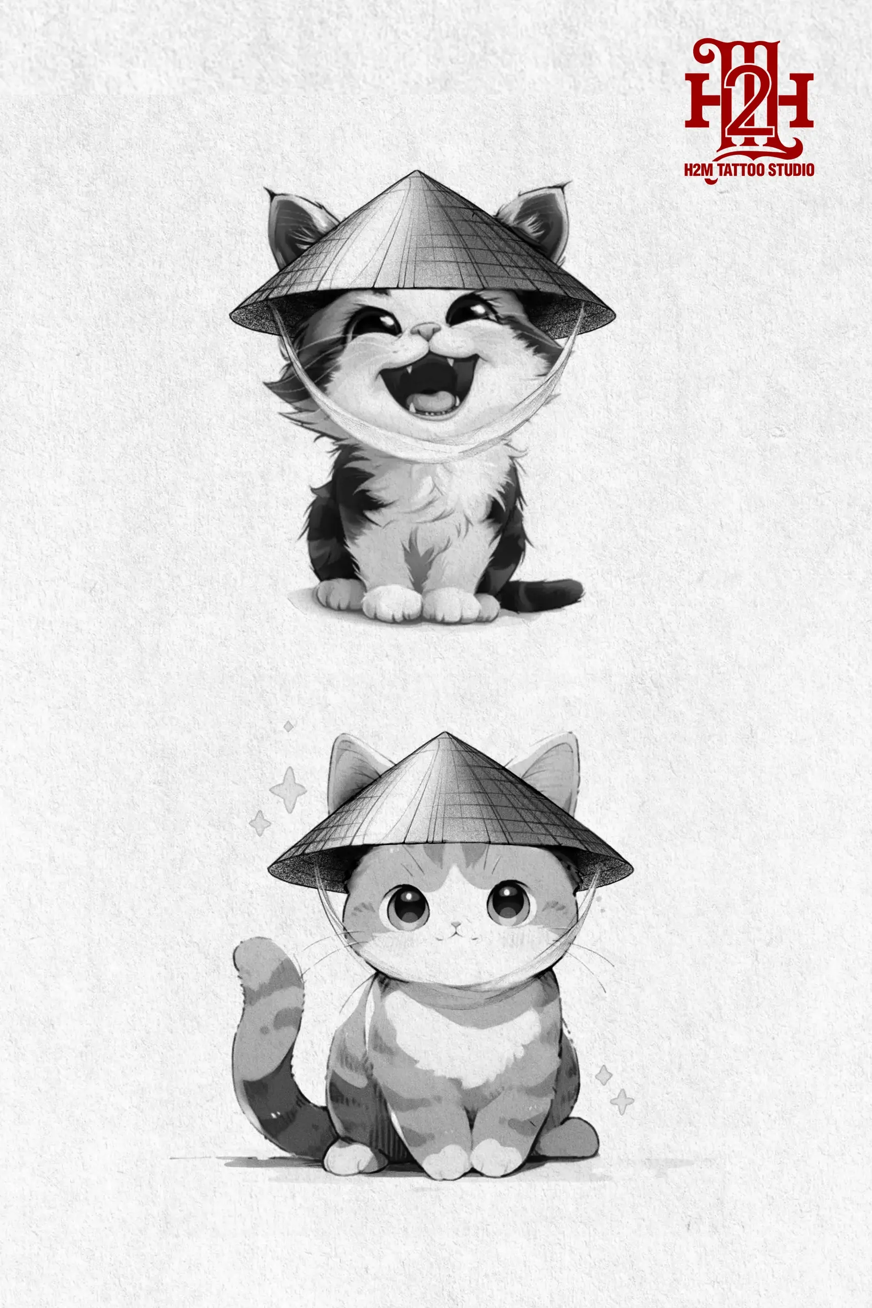 Unique conical hat tattoo blended with a cat motif, combining tradition with a playful modern twist.
