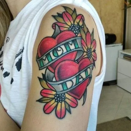 Old school heart tattoo on shoulder