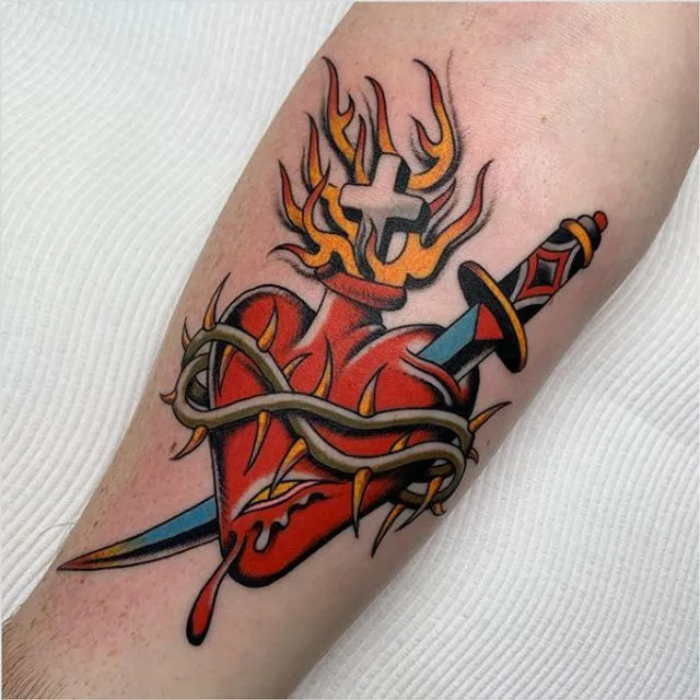 Old school heart tattoo with sacred heart