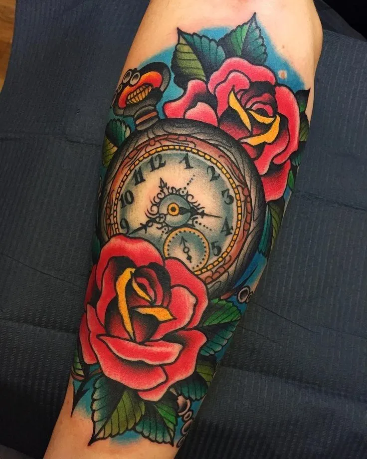 Old school rose tattoo with clock