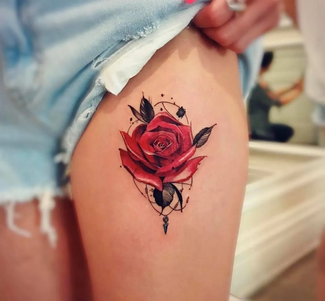 Old school rose tattoo on thigh