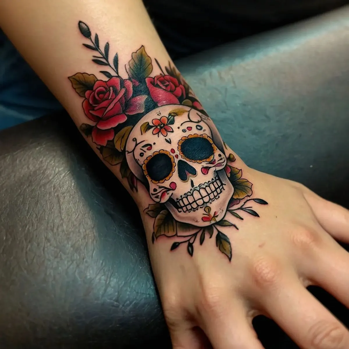 Old school rose tattoo with skull