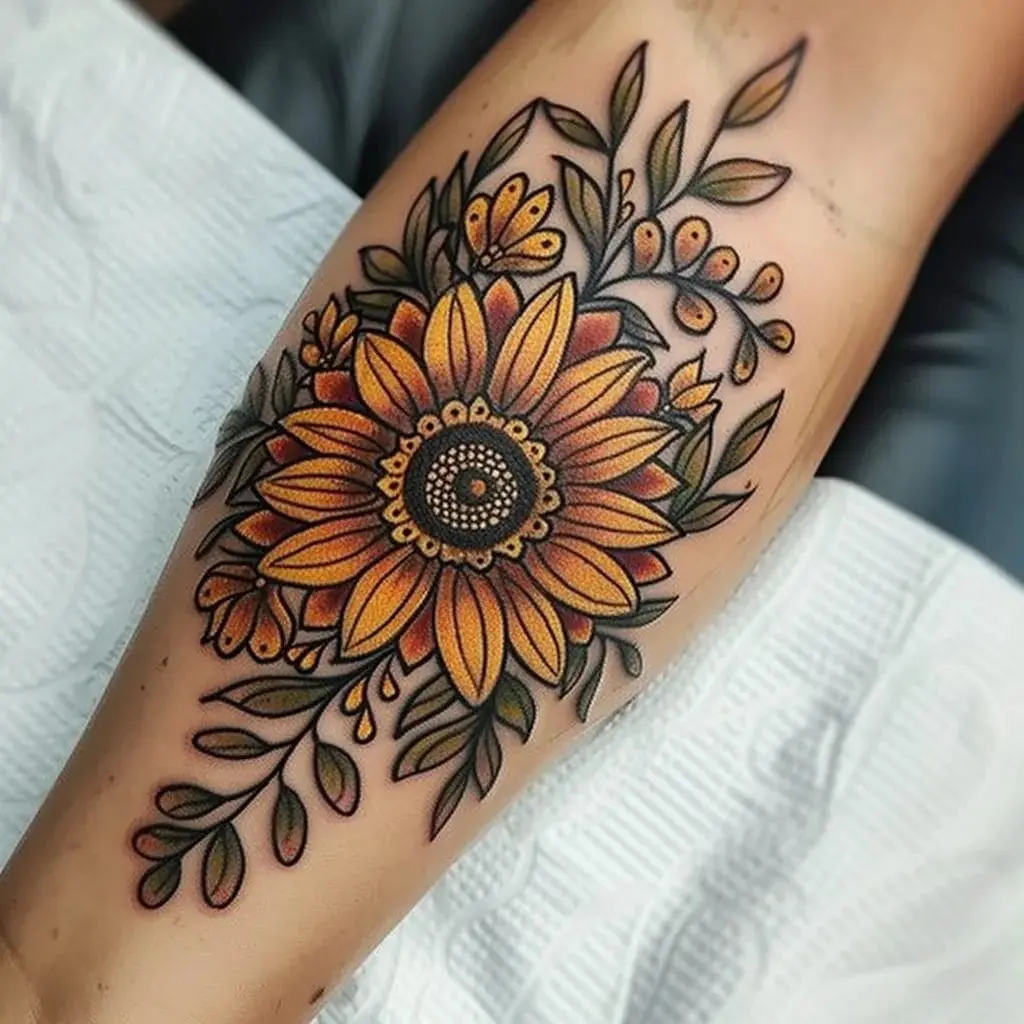 neo-traditional sunflower tattoo